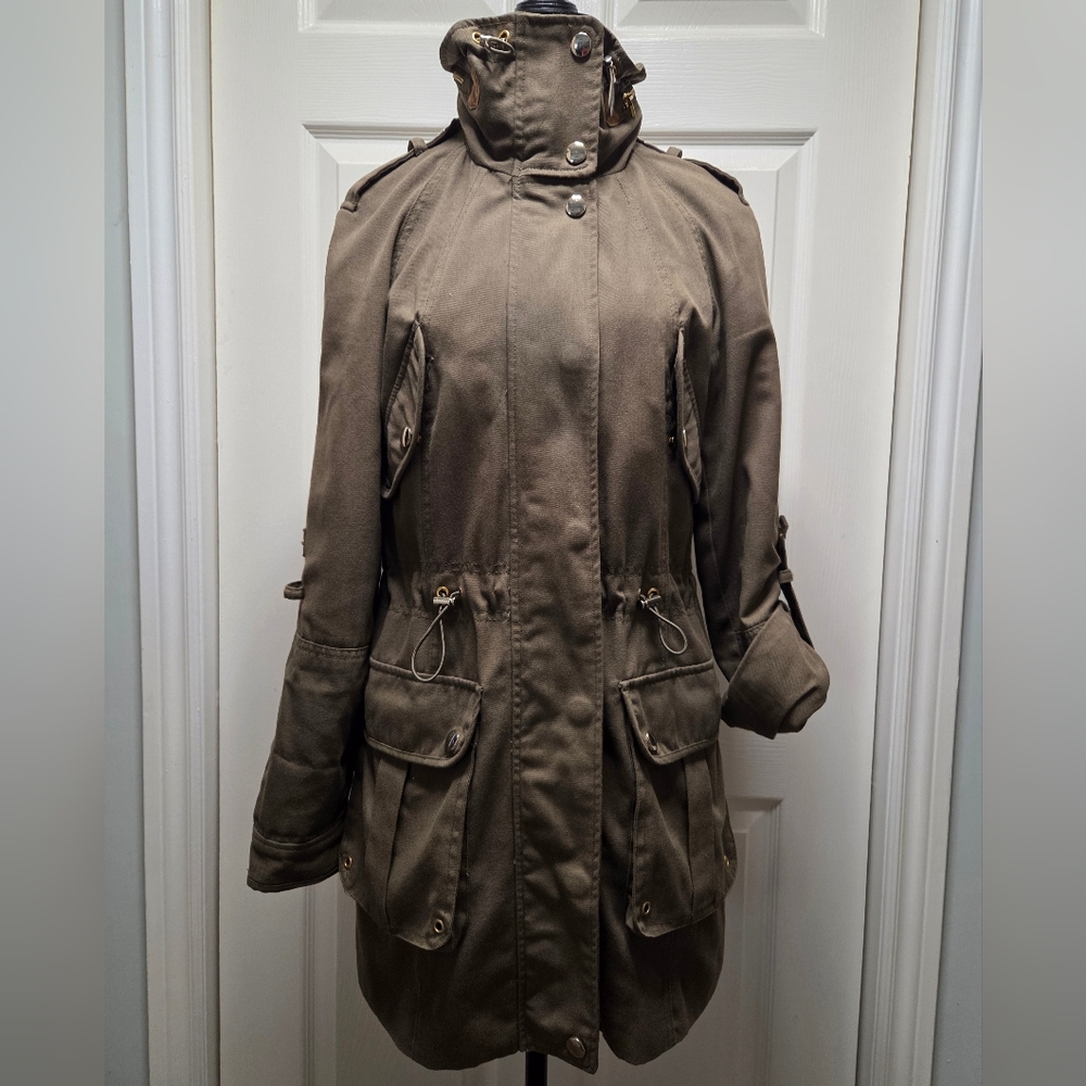 Military Style Utility Trench Jacket With Hideaway Hood Cinch Waist